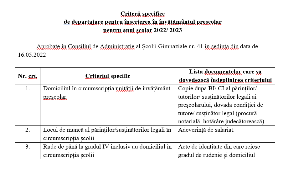 Criterii specifice înscriere preșcolar